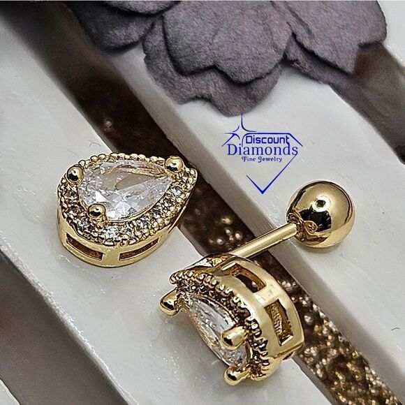 Dainty White Diamond Teardrop 18K Yellow Gold Earrings on 925 Silver - Picture 3 of 8